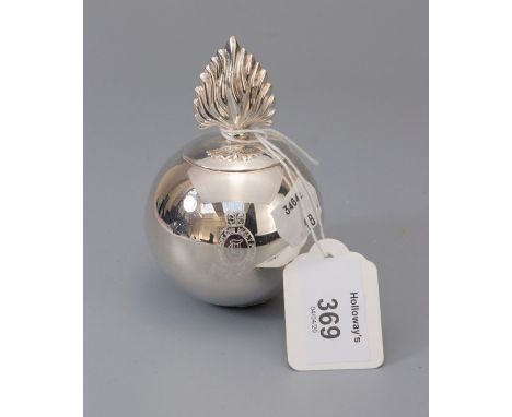 A silver grenade table centrepiece, the spherical grenade with flame finial, crest engraved to centre and reverse and present