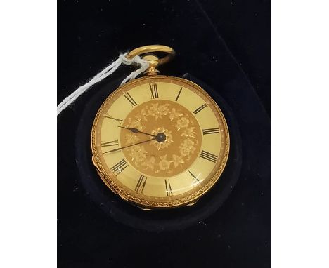 A continental open faced pocket watch, the engine turned dial with engraved foliate decoration and Roman numerals, dial diame
