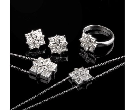 A diamond necklace, with bracelet, earrings and ring en suite, the centre with shaped square diamond cluster, comprising four