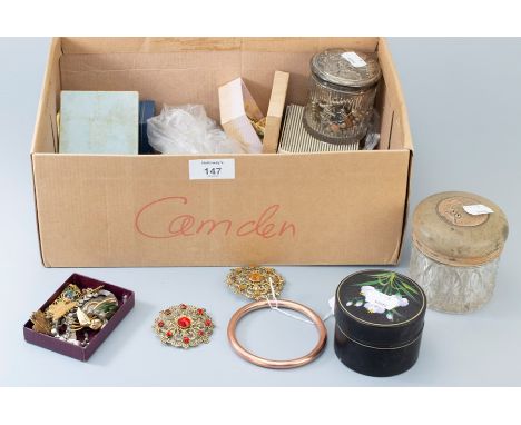 A 9ct gold slave bracelet, together with a silver topped dressing table jar and a quantity of silver, white metal and costume