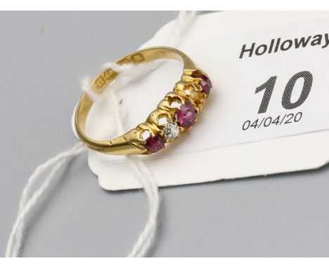 A late Victorian ruby and diamond five stone half hoop ring, the slightly graduated mixed cut stones in pierced claw mount, 1