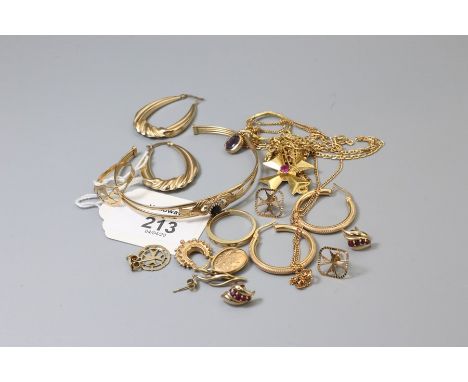 A 9ct gold and sapphire Claddagh bangle, an amethyst pendant, a Maltese Cross pendant and a quantity of gold and yellow metal