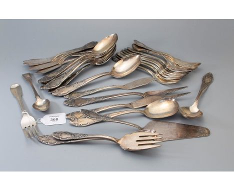 An antique silver fiddle pattern fork, and a quantity of plated continental flatware