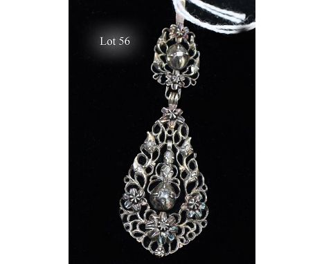 An antique silver, gold and rose diamond pendant, the open work pendalogue shaped pendant with flowerhead decoration and rose