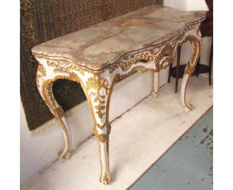 CONSOLE TABLE, Louis XV giltwood and white painted with later serpentine marble top on pierced and rocaille decorated frieze 