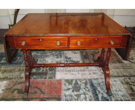 SOFA TABLE, Regency mahogany and boxwood strung with drop flaps above two real and two opposing drawers, 72cm H x 96cm x 68cm