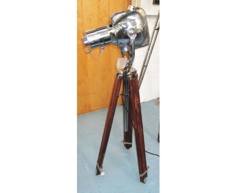 1950's THEATRE LIGHT, on extendable wooden tripod supports, 140cm H.