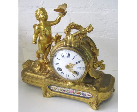 MANTEL CLOCK, 19th century French, the Ormolu case with cherubs, garlands and inset painted porcelain plaque, the bell striki