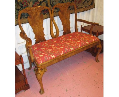 SOFA, early 20th century George I style walnut with twin chair back and red patterned drop in seat, 132cm W. 