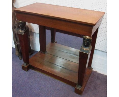 CONSOLE TABLE, Empire mahogany, ebonised and parcel gilt with a mirrored panel to the back below on female headed front suppo