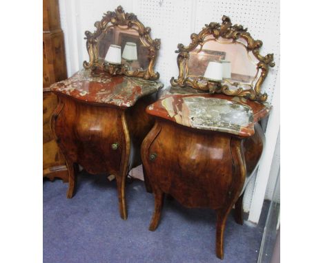 BOMBE BEDSIDE COMMODES, a pair, en suite with the previous lot, each with single light having a scrolled gilt mirrored back o