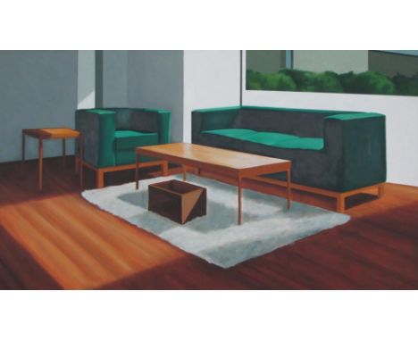 J MILNE, 'Sofa, table and chair', oil on board, 123cm x 213cm. 