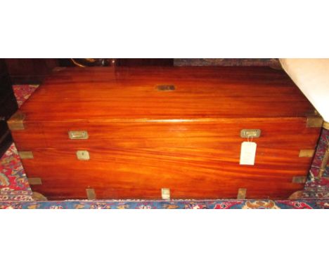 CAMPAIGN TRUNK, 19th century Colonial camphorwood and brass bound of large proportions and rising lid stamped 'Made in canton