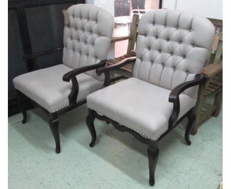OPEN ARMCHAIRS, a pair, in grey button back on curved supports, 76cm W. (2)