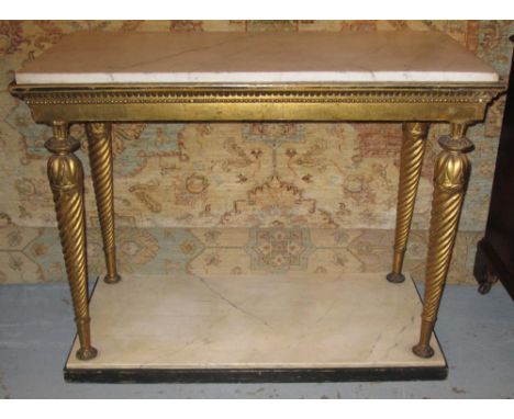 CONSOLE TABLE, Empire giltwood with a rectangular marble top on leaf headed, spiral twist turned supports having a board belo