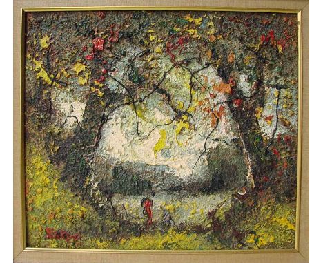George R Deakins (1911-1982) Figures in a Wooded Glade, impressionistic oil on board signed Deakins, 36cm by 41cm