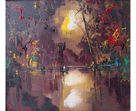 George R Deakins (1911-1982) Moonlit River scene, impressionistic oil on board, signed Deakins, dated (19)'80, 34cm by 38cm