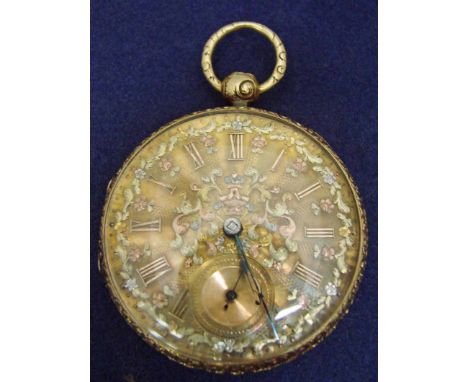 A Victorian gentleman’s 18ct gold open face pocket watch, the tricolour foliate decorated dial with Roman numerals and subsid