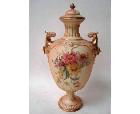 A late 19th century Royal Worcester twin handle vase and cover of ovoid footed form, decorated with opposing panels of floral