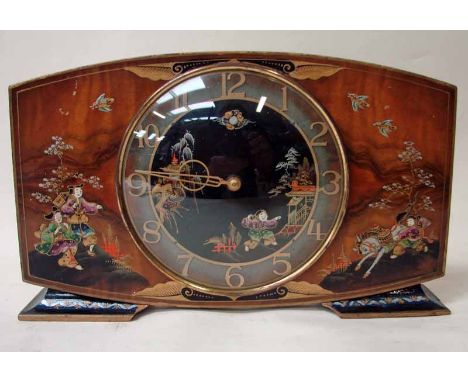 An Art Deco walnut mantel clock, chinoiserie decorated with circular dial and Arabic numerals, 30.5cm long