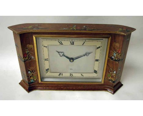 An Art Deco walnut mantel clock by Elliott of London, of rectangular form, Chinoiserie decorated case, silvered dial with Rom