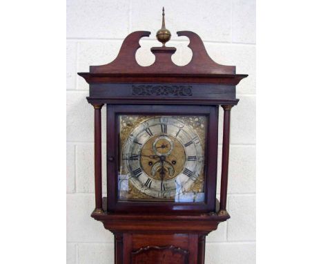 James Sandiford, an 18th century oak longcase clock, the hood with swan neck pediment with brass needle and ball finial, glaz