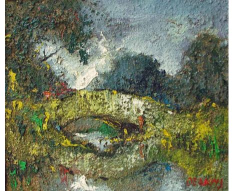 George R Deakins (1911-1982) Figure by a Packhorse Bridge, impressionistic oil on board, signed Deakins, 36cm by 41cm 