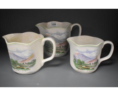 A trio of Nelson ware pitcher jugs, of Lake District interest, and decorated with a scene depicting Wasdale Head &amp; the St