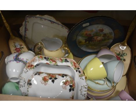 A Harlequin part tea service (21 pieces approx), a dressing table set having embroidered back, a B.P. Co. Ltd tureen and a gr