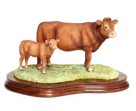 Border Fine Arts 'Limousin Cow and Calf' (Style One), model No. L157 by Anne Wall, limited edition 1334/1500, on wood base, w