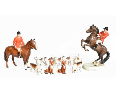 Beswick Hunting Group Comprising: Huntsman on Rearing Horse, model No. 868, and Huntsman (Standing), Style Two, model No. 150