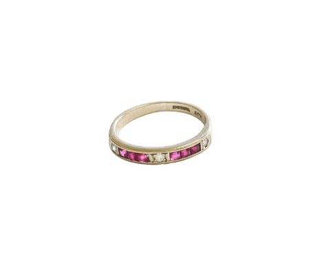 An 18 Carat Gold Ruby and Diamond Half Hoop Ring, single round brilliant cut diamonds spaced by trios of calibré cut rubies, 