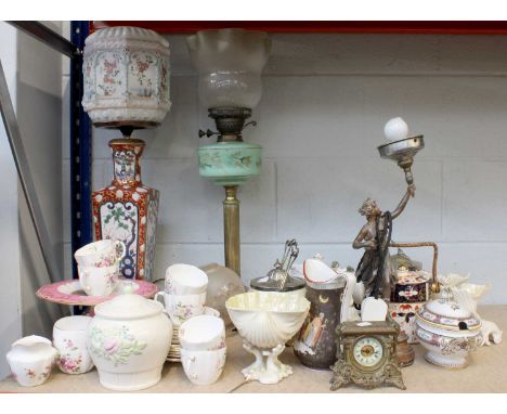 A Victorian Brass Based Oil Lamp, with opaque glass reservoir, together with another lamp on modern Chinese porcelain square 