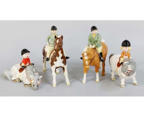 Beswick Girl on Pony model No.1499, skewbald gloss and Boy on Pony, model No. 1500, palomino gloss; together with two John Be