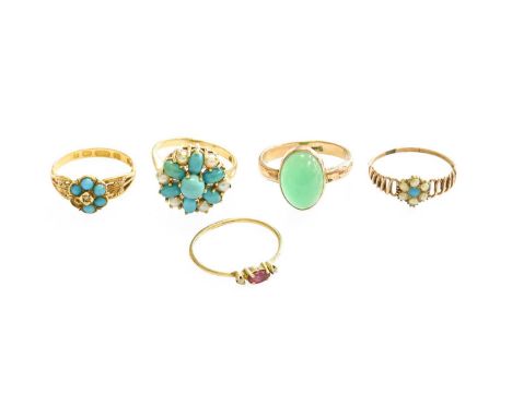 Five Rings, comprising a 9 carat gold turquoise and split pearl cluster ring, finger size M; a 15 carat gold turquoise and di