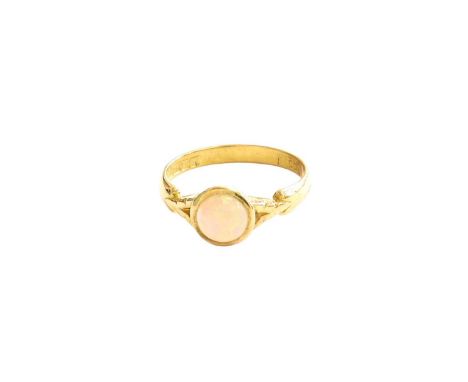 An 18ct Gold Opal Ring, the round cabochon opal in yellow rubbed over setting, to a fancy shoulder plain polished shank, fing