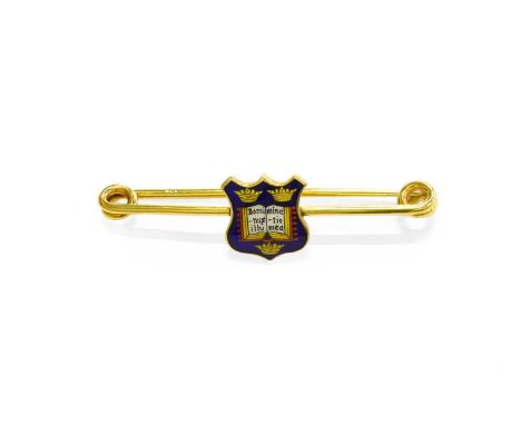 An Enamel Brooch, depicting the Oxford University moto, domimina nustio illumea, length 5.1cmPin stamped '9CT'. Gross weight 
