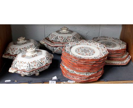 A Victorian Mintons "Denmark" Pattern Part Dinner Service (one shelf)Comprising, large tureen and cover (in good condition) a