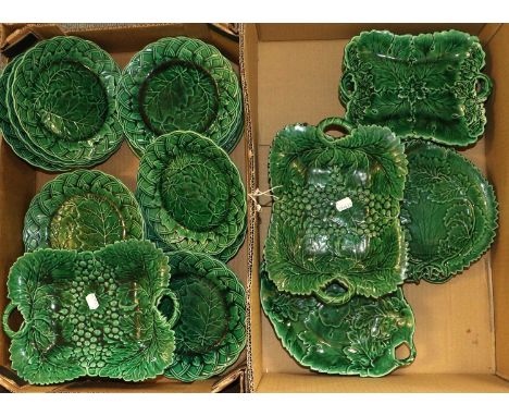 A Quantity of Green Cabbageware Plates and DinnerwaresComprising, 17 plates with basket rims (three with chips), a pair of pl