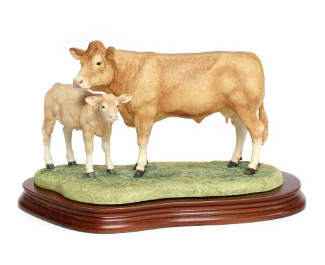 Border Fine Arts 'Blonde D'Aquitaine Cow and Calf', model No. B0353 by Kirsty Armstrong, limited edition 140/1250, on wood ba