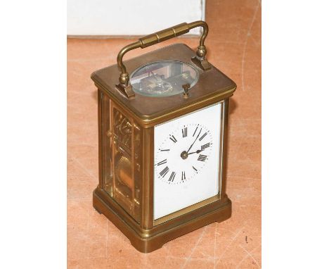  A French Brass Strike and Repeat Carriage Clock, circa 1900, twin barrel movement with platform lever escapement striking on