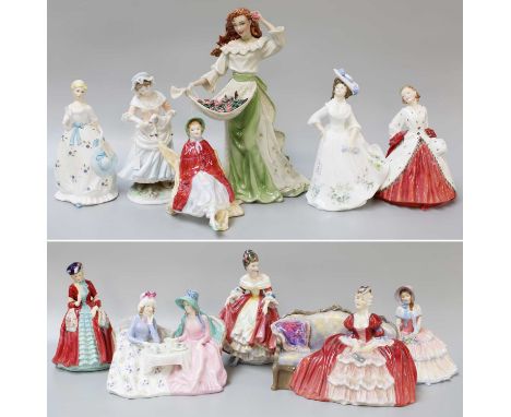 Eight Royal Doulton Figures, including Belle o' the Ball and Afternoon Tea, together with two Royal Worcester figures and a F