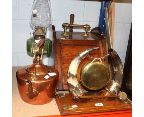 A Victorian Coal Skuttle, a horn mounted dinner gong, copper kettle and oil lamp