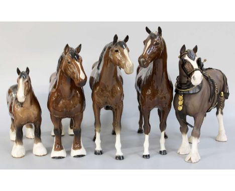 Beswick Horses, Comprising: Burnham Beauty, model No. 2309; two further Shires; a large Racehourse and a large Hunter, brown 