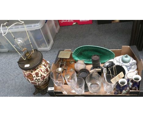 Mixed Ceramics and Glass, including Worcester Fish Scale blue ground, Japanese vase, decorative table lamp, glass, etc 