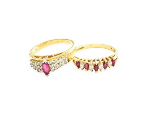 An 18 Carat Gold Ruby and Diamond Half Hoop Ring, five marquise cut rubies alternate with four marquise cut diamonds, in yell