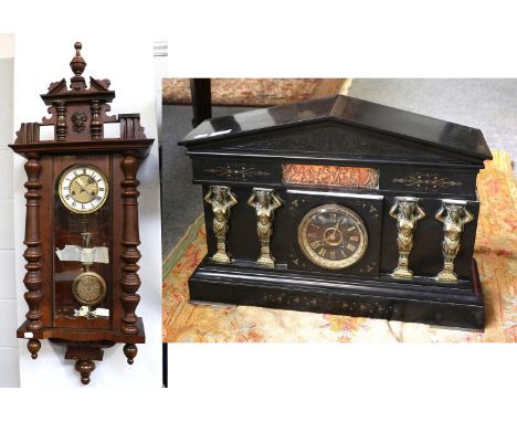 A Victorian Black Slate Striking Mantel Clock, 39.5cm by 58cm, together with a Vienna type striking wall clock, 105cm high (2