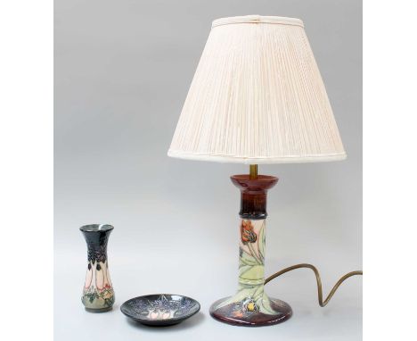 Moorcroft Pottery Table Lamp, in the Tiger Lilly pattern with a modern Moorcroft Cluny pattern vase and coaster (3)
