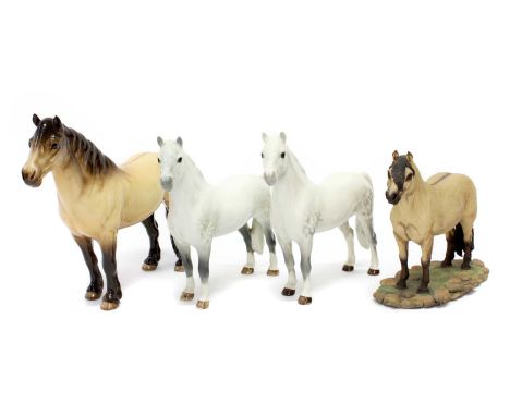 Beswick Mountain and Moorland Ponies Comprising: Highland Pony "Mackionneach", model No. 1644, dun gloss, and two Welsh Mount