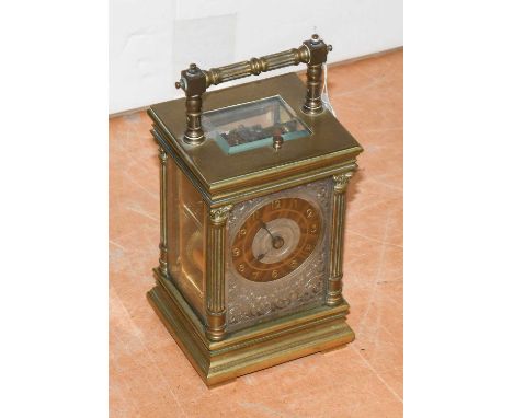 A French Brass Strike and Repeat Carriage Clock, circa 1900, twin barrel movement with platform lever escapement striking on 